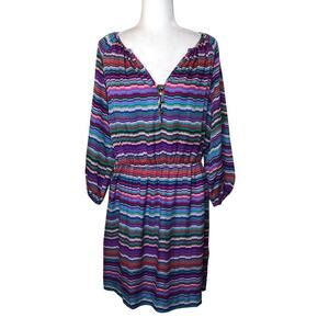 Shoshanna 100% Silk Peasant Dress Multicolor Striped V- Neckline Sz: 10 Casual